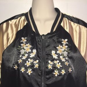 Floral/Crane Reversible Satin Bomber Black Gold